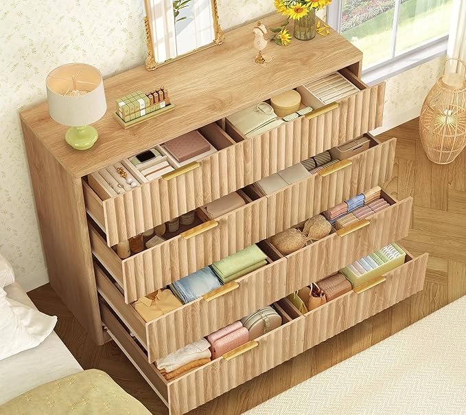 TEENOFN Fluted Dresser for Bedroom with 8 Drawers, 47.2" Wide Modern Chest of Drawers with Metal Handle, Dresser TV Stand, Wood Closet Clothes Storage Organizer for Living Room, Hallway, Natural