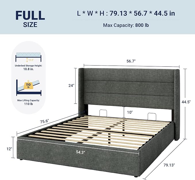 Allewie Full Size Lift Up Hydraulic Storage Bed Frame Dark Grey | Modern Wingback Headboard, Hydraulic Support Storage, No Box Spring Needed