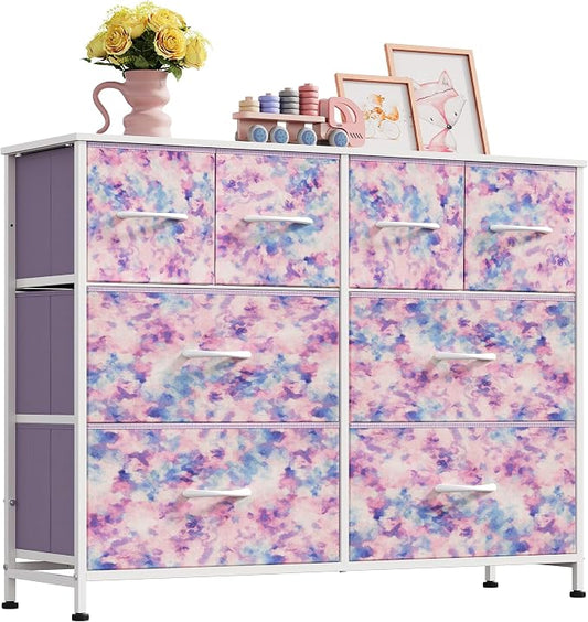 WLIVE Wide Dresser for Bedroom, 8 Drawer Chest of Drawers, Tie-Dye | 8 roomy fabric drawers, Wide storage design, Bedroom or closet use, Sturdy steel frame, Smooth wood tabletop