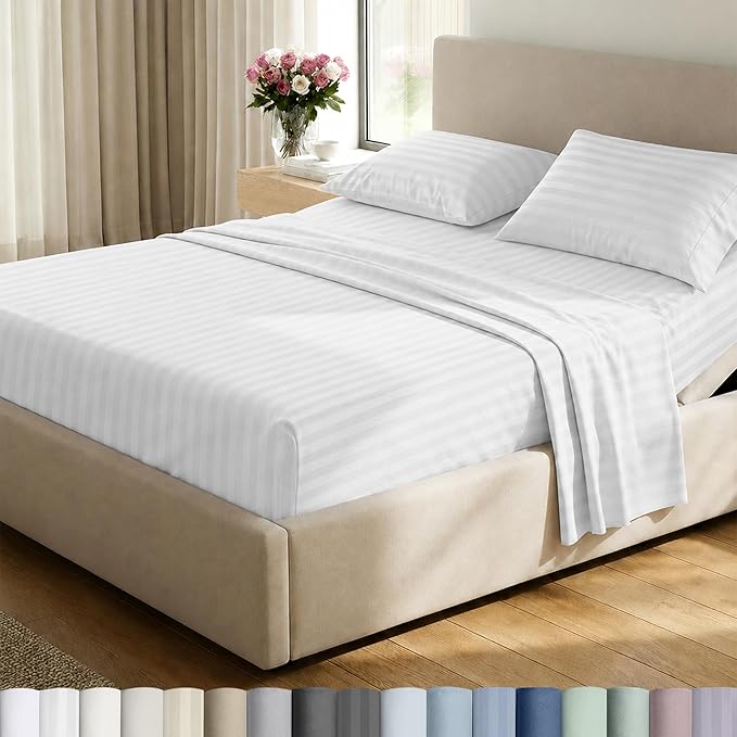 California Design Den 100% Cotton Sateen Split King Sheet Set, 5 Pcs | 500 TC with Good Housekeeping Seal, Split King Sheet Sets for Adjustable Bed with 2 Separate Twin-XL Mattresses,White Striped