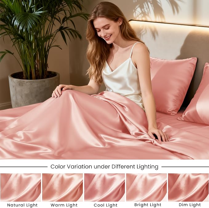 Love's cabin Satin Queen Sheets Set - 4 Piece Coral Silky Bed Sheets with Deep Pocket, Luxury Silk Feel Satin Queen Size Sheet Set (1 Flat Sheet,1 Fitted Sheet,2 Pillow Cases)