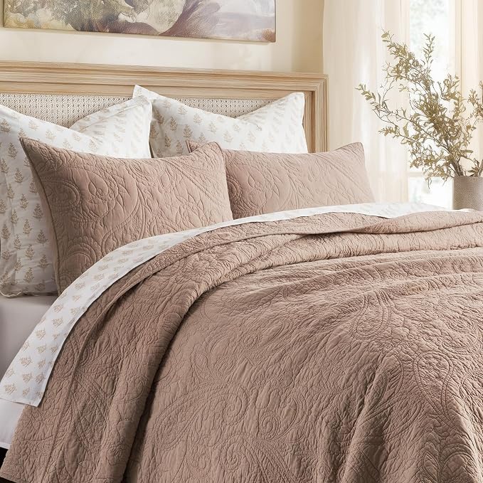 EVERGRACEHOME 100% Cotton Paisley Quilt Set, Queen Size, Dusty Brick | Prewashed for Softness, Year-Round Breathability, Gift-Ready Box, Matelasse-style Quilted Coverlet, 3 Piece Set with 2 Shams
