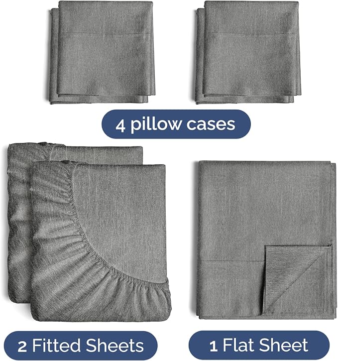 Split King 7 Piece Bed Sheet Set - Breathable & Cooling - Heathered Grey | Ultra-Soft Hotel Luxury Bedding Set w/ 8-16 Inch Deep Pockets, 1 Flat & 2 Fitted Sheet & 4 Pillowcases, Wrinkle & Fade Free
