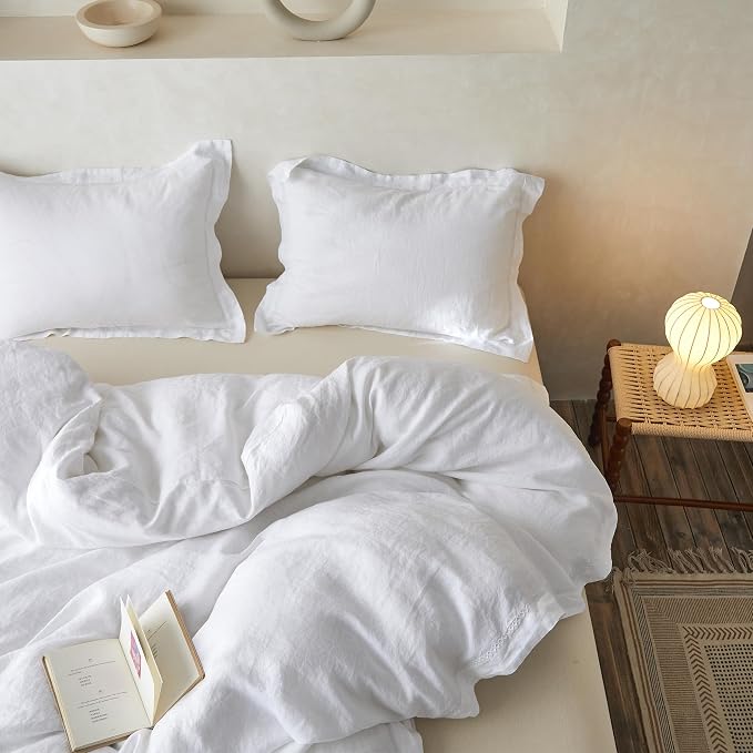 Simple&Opulence 100% Linen Duvet Cover Set with Crossed Embroidery Washed - 3 Pieces (1 Duvet Cover with 2 Pillow Shams) Soft Breathable Farmhouse - White, Queen Size