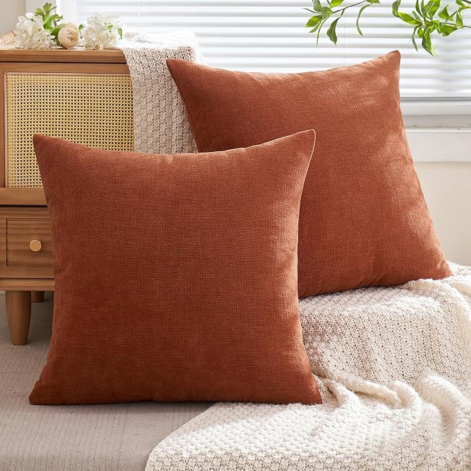 MIULEE Fall Rust Terracotta Chenille Couch Throw Pillow Covers, 18x18 | Set of 2, Soft Farmhouse Modern Home Decor, Decorative Pillowcases for Sofa Living Room Bed
