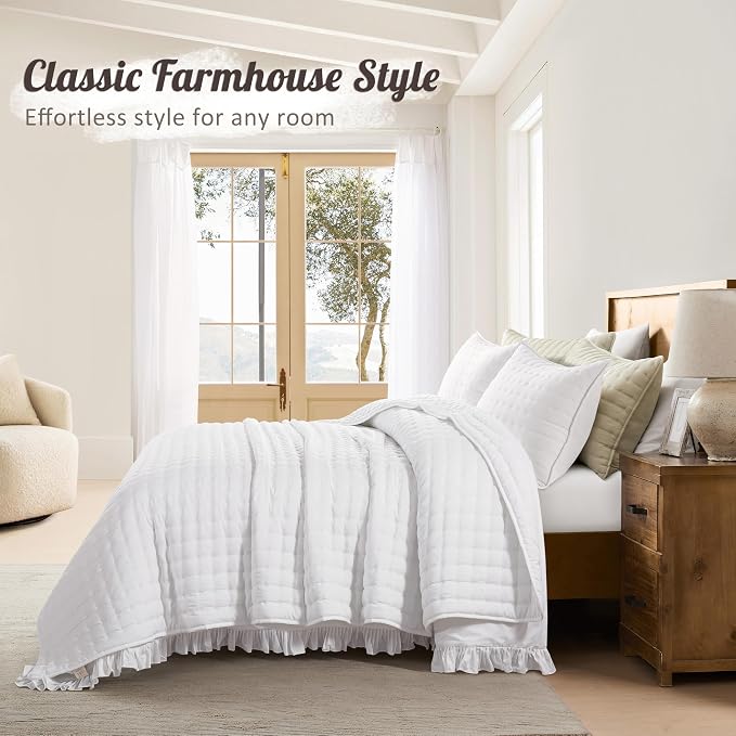 WDCOZY White Cloud Quilt Set King Size, Lightweight Soft Cross Stitch Bedspread, Farmhouse Rustic Country Coverlet, Spring Summer Thin Comforter, 3 Pieces, 2 Pillow Shams, 104x90 inches
