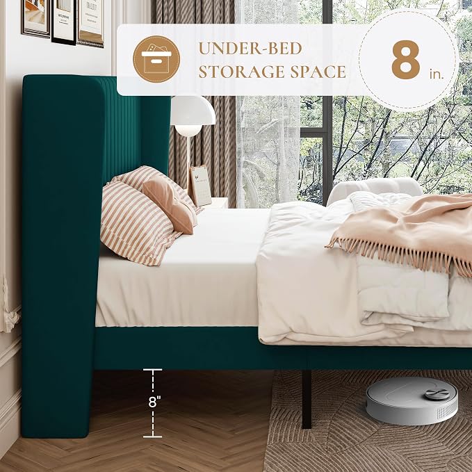 SHA CERLIN King Size Velvet Bed Frame, Tufted Wingback Headboard, Teal | 47'' Modern Vertical Channel Headboard, Upholstered Platform Bed, Wood Slats, No Box Spring Needed, Easy Assembly, Noise Free