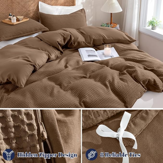 PHF Soft Waffle Duvet Cover Queen Size- Durable Breathable Waffle Weave Duvet Cover(90"x90") with 2 Pillow Shams, 3 Pieces Luxury Textured Bedding Set for All Season, Mocha