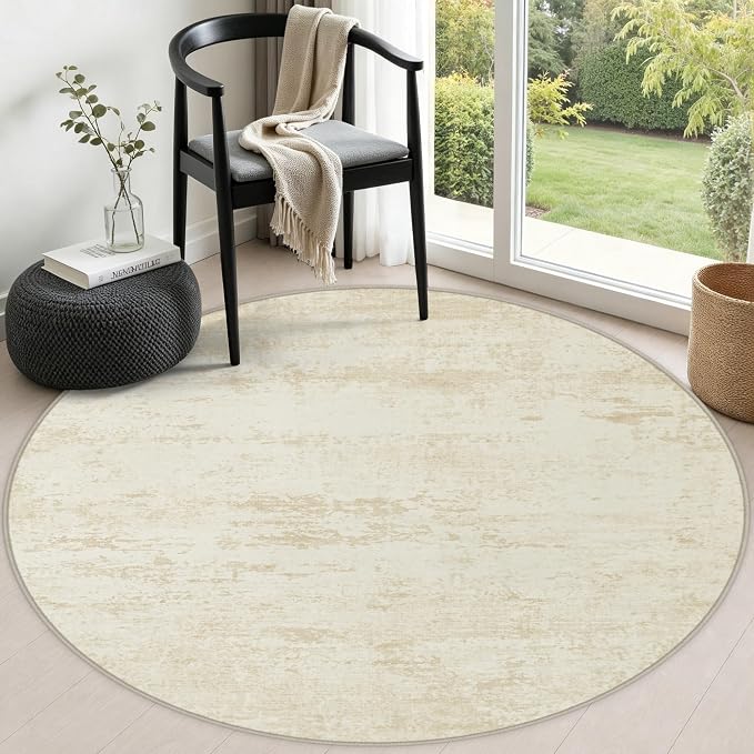 Round Area Rug Living Room: 4 ft Modern Washable Carpet Taupe | For Bedroom Dining Room Farmhouse Nursery Hallway Office,Modern Abstract,Machine washable,Non-Slip,Stain Resistant,Indoor