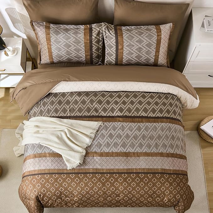 Cottolester Boho King Comforter Set,Khaki and Brown Striped Bed in a Bag | Fall Plaid Bed Set,Soft Microfiber Complete Bedding Sets