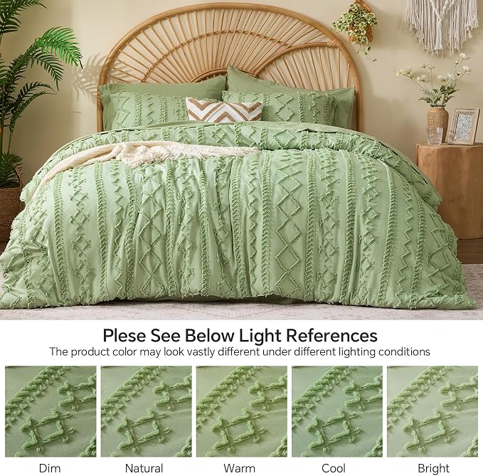 BEDELITE Queen Comforter Set 7 Pieces,Boho Bed in a Bag,Sage Green | Tufted Bed Set for All Seasons,Soft Farmhouse-Style Embroidery Bedding,Includes Flat & Fitted Sheets,2 Pillowcases & 2 Shams