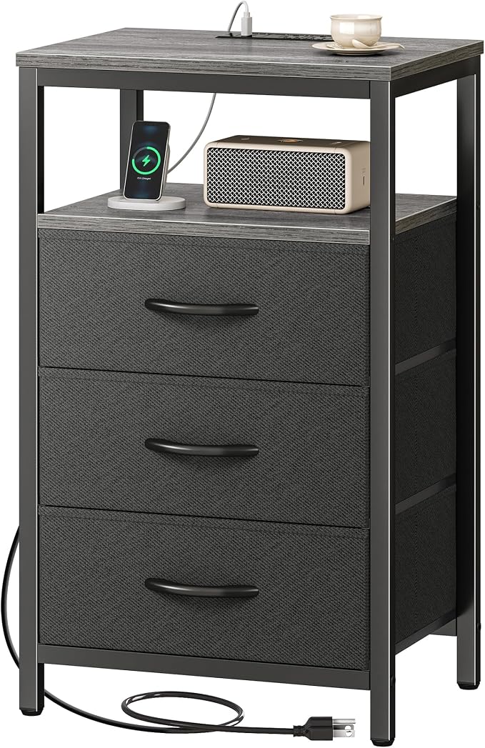 Huuger Nightstand with Charging Station, 27.6 Inch Bedside Table,Side Table | Night Stand with USB Ports and Outlets, End Table with Fabric Drawers, Night Stand with Charger Station, Charcoal Gray