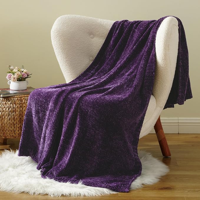 Chenille Throw Blanket for Couch Bed, Purple Knit Throw Blanket 51"x67" | Shiny Chenille Blanket, Super Soft Knitted Blankets for Sofa Home Decor