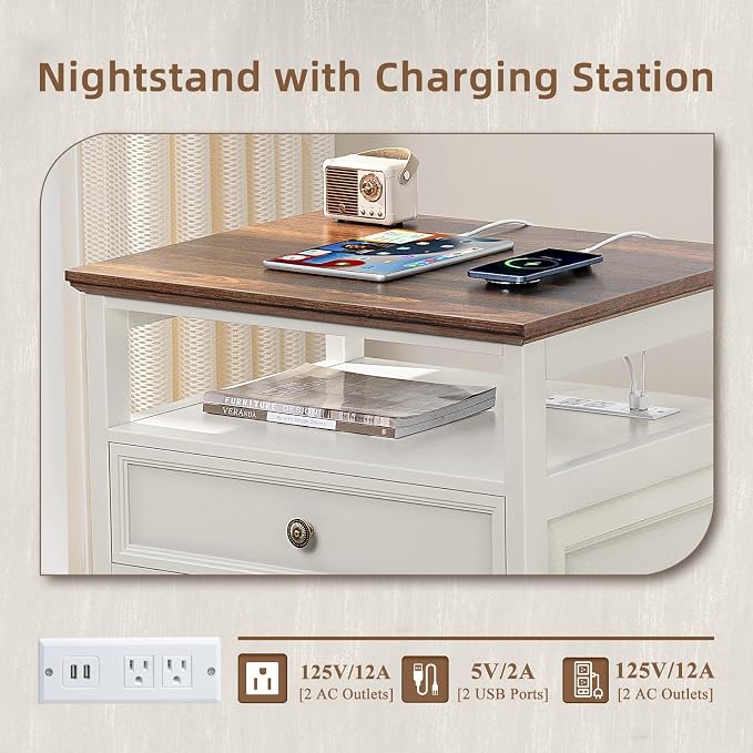 Joaxswe Farmhouse Nightstand Set of 2 with Charging Station, 24" Wide End Table with 2 Drawers,Dresser for Bedroom,Bed Side Table Chest of Drawers Cabinet,Wood White Night Stand for Living Room