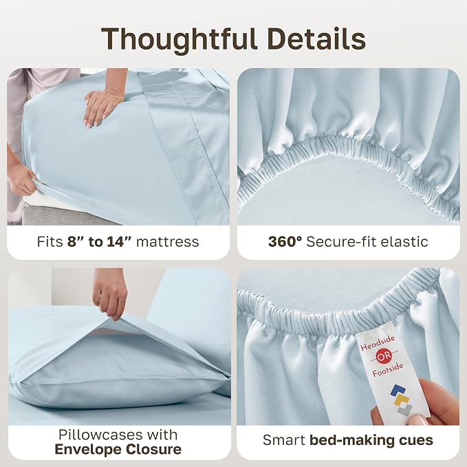 Soft Natural 100% Cotton Sateen King Size Bedsheets, 4 Pc Set, Baby Blue | Backed by Good Housekeeping Seal, Light & Breathable For Hot Sleepers, 14" Deep Pocket, All-Around Elastic, Durable
