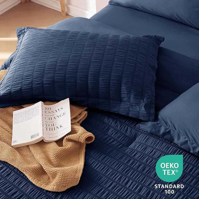 7 Pieces Full Comforter Set, Seersucker Bed in a Bag Full Size, All Season Luxury Bedding Set with Comforter, Flat Sheet, Fitted Sheet, Pillowcases & Shams, Navy Blue