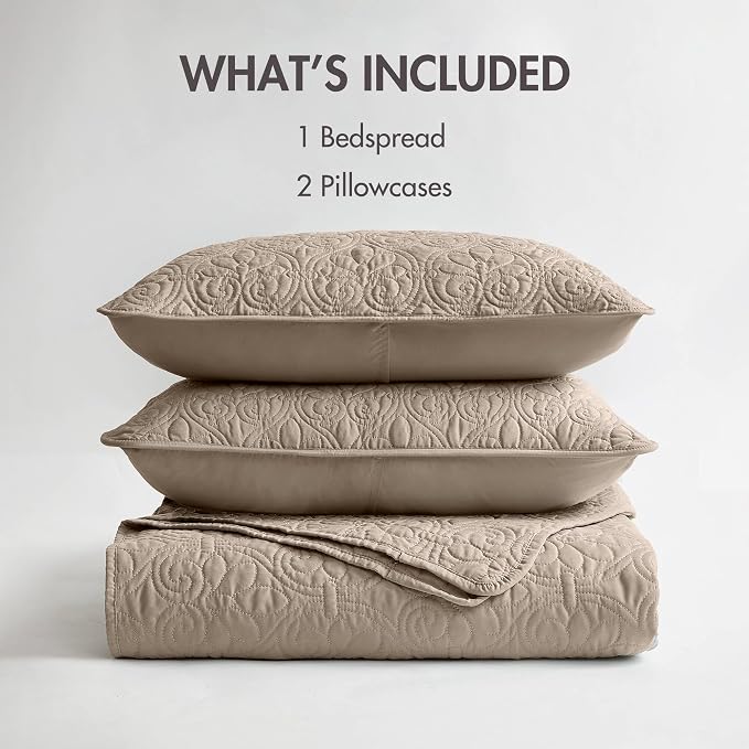 Madison Park Queen Quilt Bedding Set, Cottage-Inspired Damask, 3PC | All Season Quilted Coverlet, Classic Stitch Pattern Bedspread & Shams, Ultra Soft Microfiber Bedspread Set, Khaki