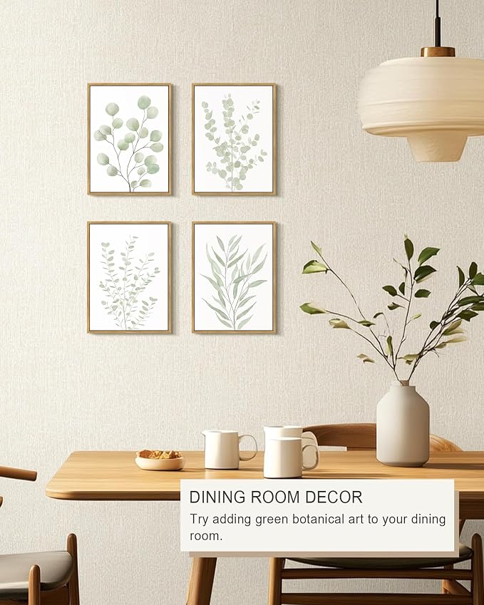 Drsoum Botanical Plant Framed Wall Art Boho Wall Decor for Bathroom Sage Green Eucalyptus Leaf Prints Minimalist Aesthetic Ready to Hang Set of 4, 11x14 in (Natural Framed)