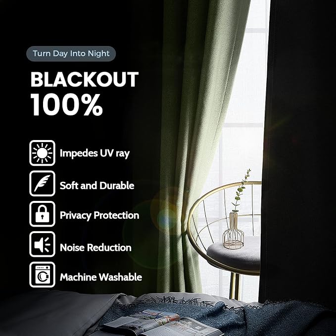 SimpleHome Sage 100% Blackout Curtains Room Darkening Living Room 84 Inch | Curtains for Bedroom,Thermal Insulated Grommet Window Drapes,Curtains for Living Room with Black Back,42 x 84 Inch,2 Panels