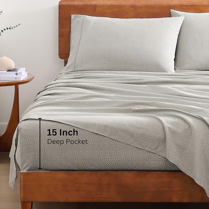 LANE LINEN 100% Organic Cotton Twin Bed Sheet Set, Luxury Hotel Style Fade Resistant Deep Pocket Machine Washable Twin Size Sheet Set, Eco Friendly Mercerized Cotton Sheets- Grey(White Dot)