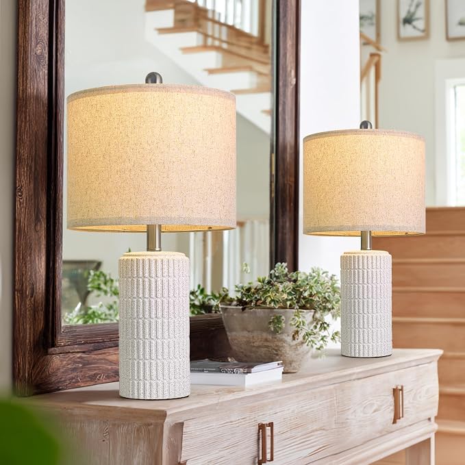 PoKat 20.75" Stone-Like Farmhouse Ceramic Table Lamps Set of 2 for Bedroom, White Bedside Lamps for Night Stands, Matte-Textured Decor Nightstand Table Lamps for Living Room End Table White