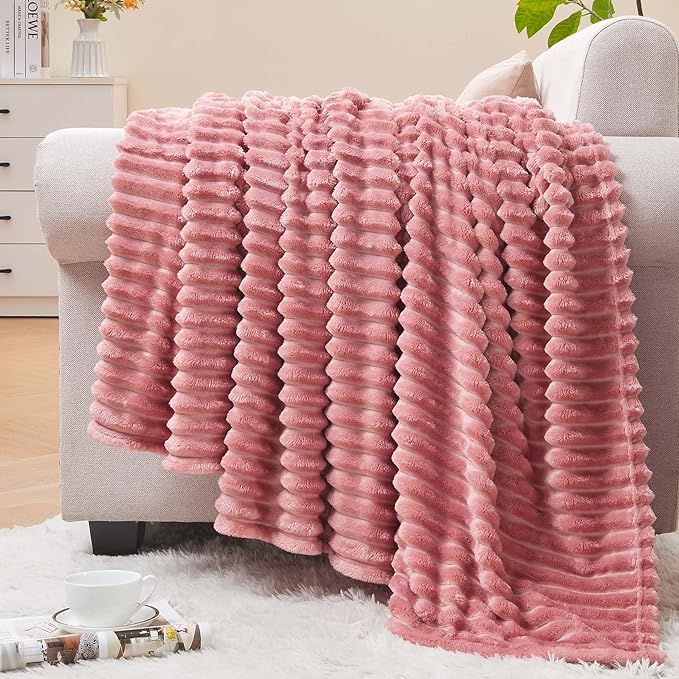 BEDELITE 3D Ribbed Jacquard Pink Fleece Throw Blanket for Couch, 50x60 Inch | Soft Warm Decorative Fluffy Blanket, Cozy Plush Lightweight Fuzzy Throw Blanket for Bed Sofa Home Room Decor, Gift for Women