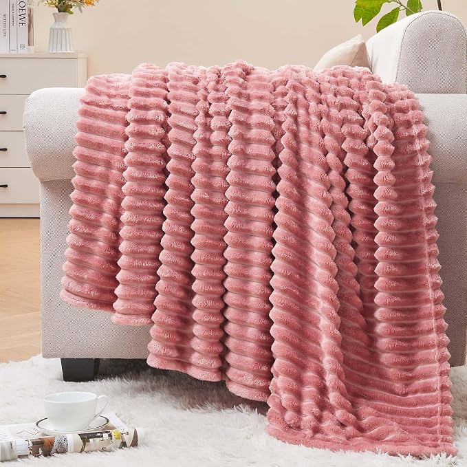 BEDELITE 3D Ribbed Jacquard Pink Fleece Twin Blanket for Couch, 60x80 Inch | Soft Warm Fluffy Blanket for Bed Sofa College Dorm Room Decor, Luxury Cozy Plush Birthday Gifts for Women Girls, Lightweight
