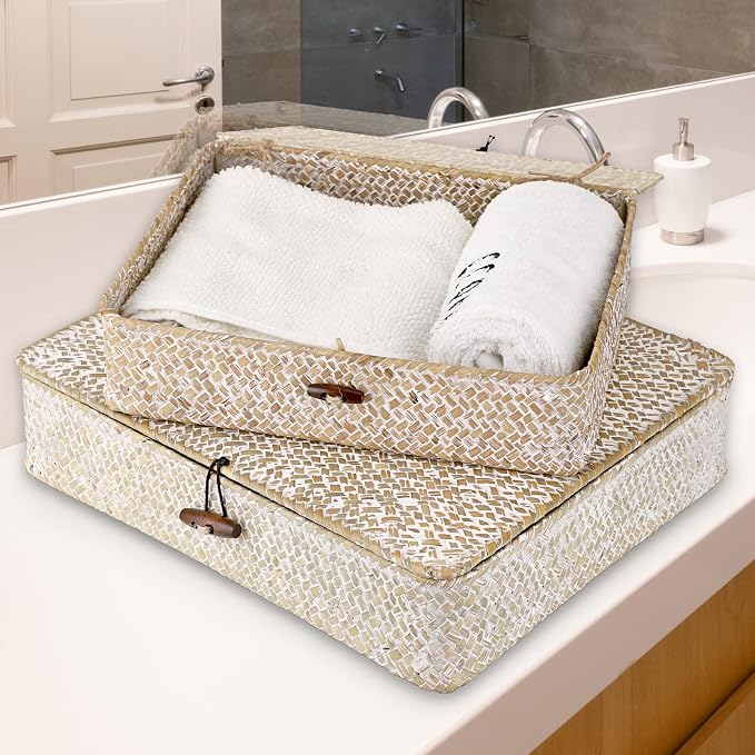 Hipiwe Set of 2 Flat Woven Wicker Basket Bins with Lid Natural Seagrass Box | Decorative Storage Basket Multipurpose Home Organizer Bins Boxes for Shelf Organizer (Whitewash)