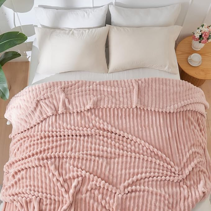 NEWCOSPLAY Fleece Ribbed Cozy Twin Blanket for Couch, Pink, 60"x80" | Premium Silky Flannel Blanket, Soft Lightweight Fluffy Throw Blanket for Bed Sofa Decor, Gift for All Season Use