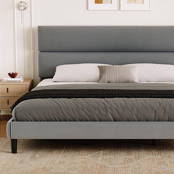 GRUSIGN King Size Platform Bed Frame with Velvet Headboard, Adjustable Height Wooden Slats Support, Upholstered Mattress Foundation, Fits Mattress or Mattress with Box Spring, Easy Assembly, Grey