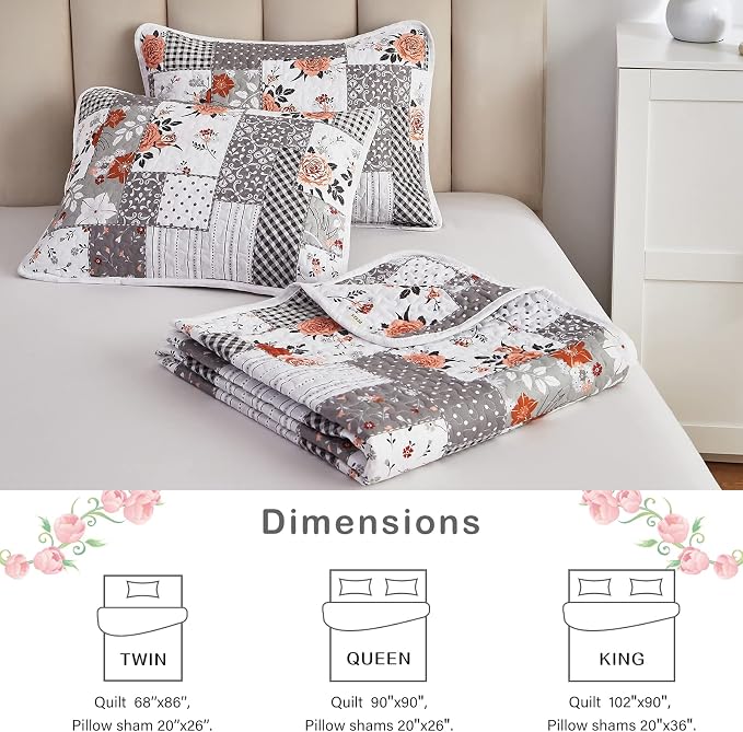 Patchwork Quilt Set Full/Queen Size, 3 Pieces Grey Floral Plaid Summer Bedspread Coverlet Set, Soft Microfiber Reversible Lightweight Bed Cover for All Season (90" x 90", 1 Quilt+ 2 Pillow Shams)