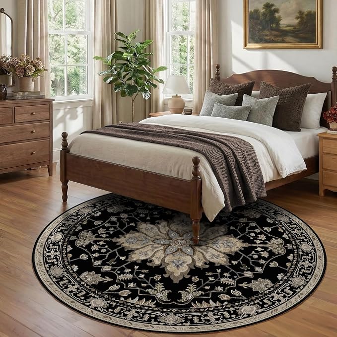 RELEANY Washable Area Rug, Round 8ft, Black/Neutral | Non-Slip, Water Repellent, Pet Friendly, Easy to Clean, Vintage Floral Boho Decor for Living Room Bedroom Dining Room