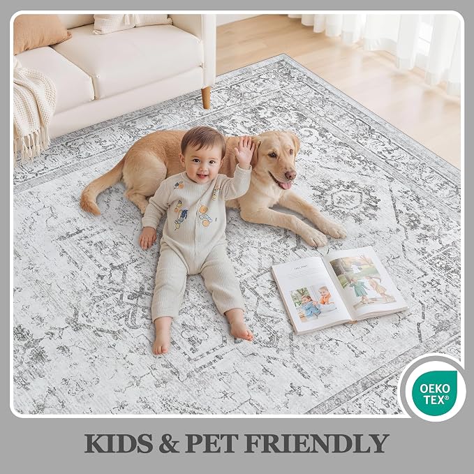 5x7 Washable Area Rugs for Bedroom Grey Non-Slip Rug | Vintage Medallion Rug，Soft Low Pile Large Rugs，Indoor Retro Carpet for Bedroom Nursery Dining Table Farmhouse Home Office