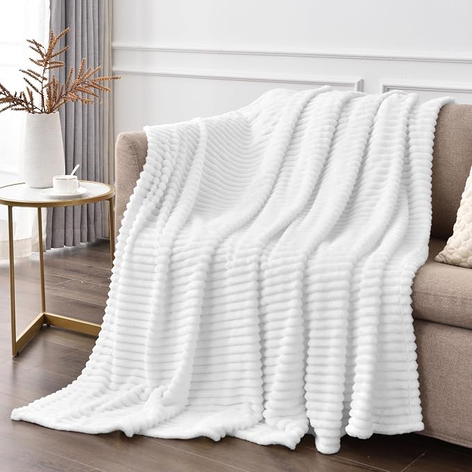 BEDELITE 3D Ribbed Jacquard White King Size Blankets for Bed, 108x90 Inch | Soft Warm Decorative Fluffy Blanket, Cozy Fuzzy Lightweight Plush Fleece Throw Blankets for Bed, Room Decor, Gift for Women