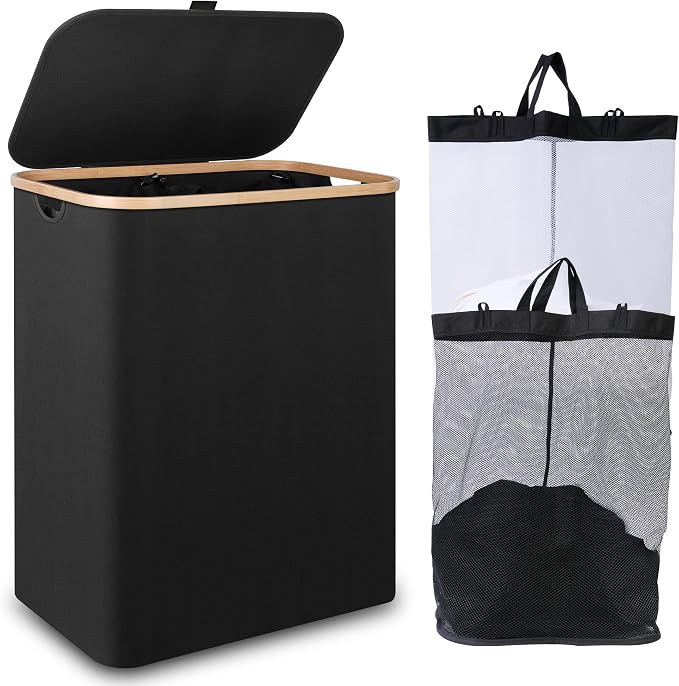 IEGrow Laundry Hamper with Lid,150L Laundry Basket with 2 Mesh Bags,Black | Dirty Clothes Hamper Basket with Bamboo Handle for Clothes Towels
