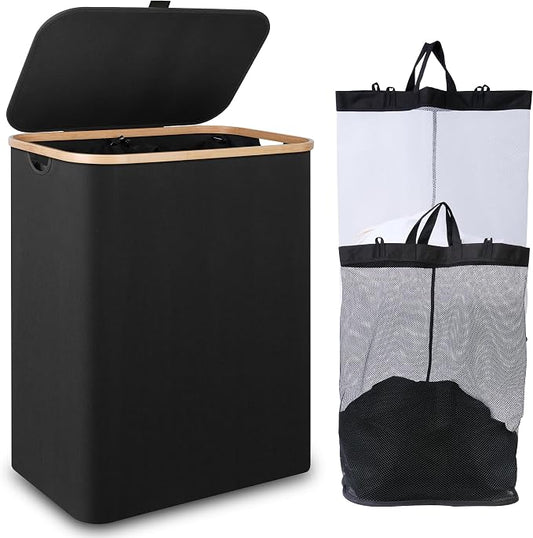 IEGrow Laundry Hamper with Lid,150L Laundry Basket with 2 Mesh Bags,Black | Dirty Clothes Hamper Basket with Bamboo Handle for Clothes Towels