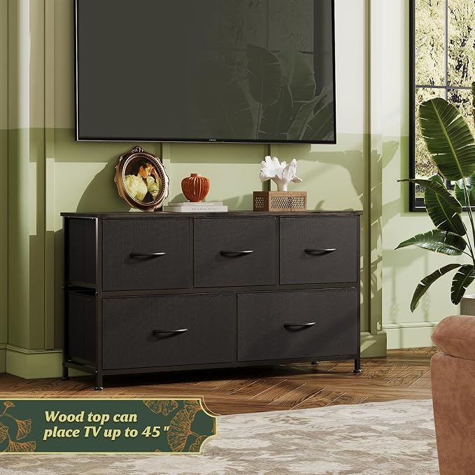 WLIVE Wide Dresser for Bedroom, 5 Drawer Chest of Drawers, Charcoal Black | 5 roomy fabric drawers, Wide storage design, Bedroom or closet use, Sturdy steel frame, Smooth wood tabletop