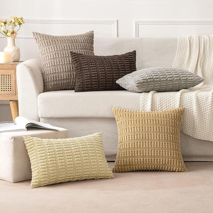 MIULEE Corduroy Decorative Throw Pillow Covers 20x20 Beige Pack of 2 | Soft Boho Striped Pillow Covers Modern Farmhouse Home Decor For Sofa Living Room Couch Bed
