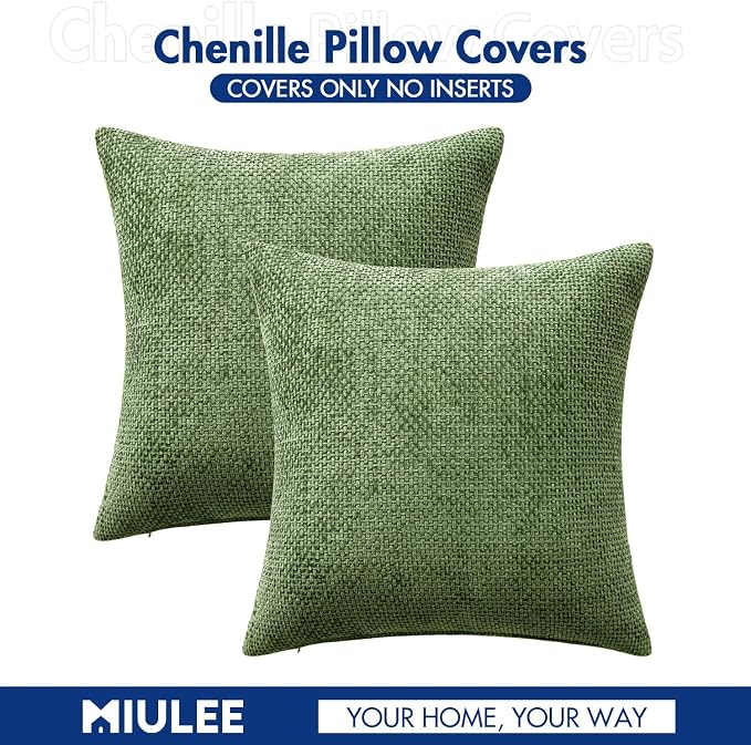 MIULEE Decorative Couch Throw Pillow Covers 20x20 Inch Sage Green 2 Pack | Modern Boho Accent, Soft Chenille Pillow Covers, Farmhouse Cushion Cases for Home Decor Bed Sofa Living Room