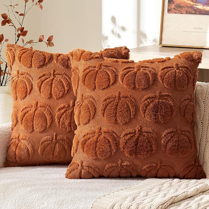 MIULEE Fall Pillow Covers Pumpkin Fall Decor 24x24 Dark Rust | Set of 2 Fall Decorations for Home, Plush Faux Fur Farmhouse Accent Pillowcases, Porch Sofa Couch Cushion Bed Livingroom