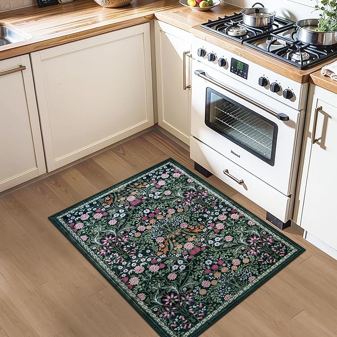 PLHXFR 2x3 Small Entryway Rug: Floral Washable Indoor Carpet Dark Green | For Entrance, Bedroom, Kitchen, Laundry, Bathroom,Door Mat,Vintage Floral,Machine washable,Non-Slip,Stain Resistant,Indoor