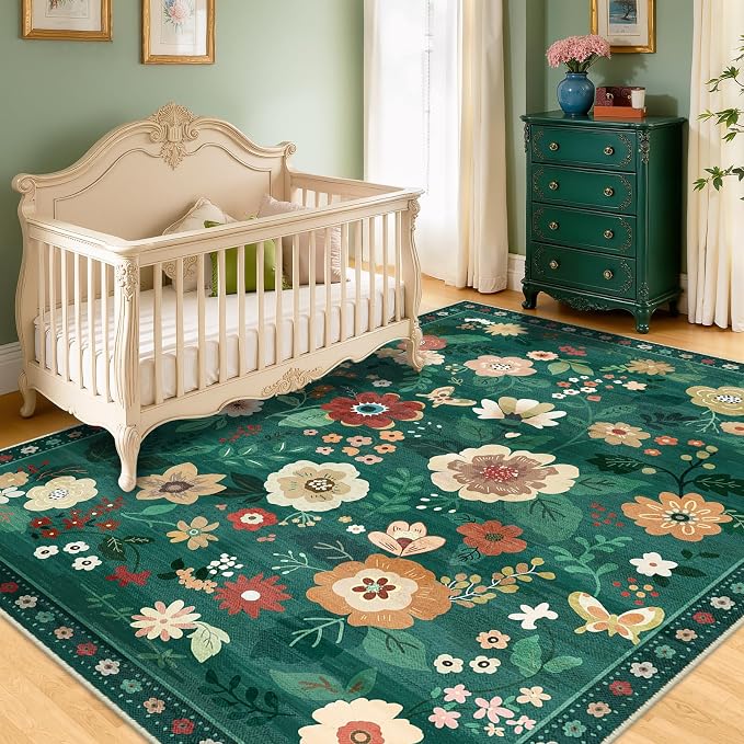RELEANY Floral Washable 4x6 Area Rugs DarkGreen | Flower Carpet, Print, Boho, Non-Slip, Easy to Clean, Soft, Low Pile for Living Room Bedroom Kitchen Office Entryway Hallway