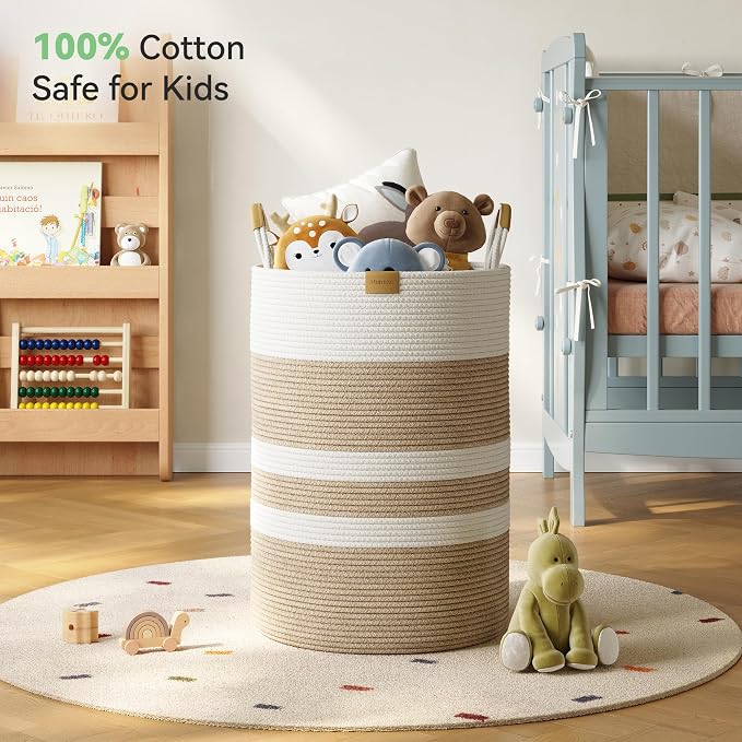 Nunsino 95L Striped Laundry Hamper with Leather Handles,Large Foldable Laundry Basket for Clothes,Cotton Rope Storage Bin for Blankets,Woven Clothes Basket for Bedroom,Beige Stripes