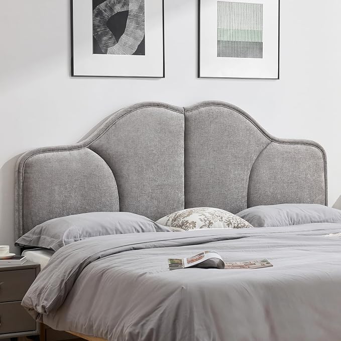 King Size Headboard Only Upgraded One-Piece Upholstered Headboards | Adjustable Height&Width, California King Bed Headboard, Modern Curved Chenille Fabric Padded Head Board, Light Gray