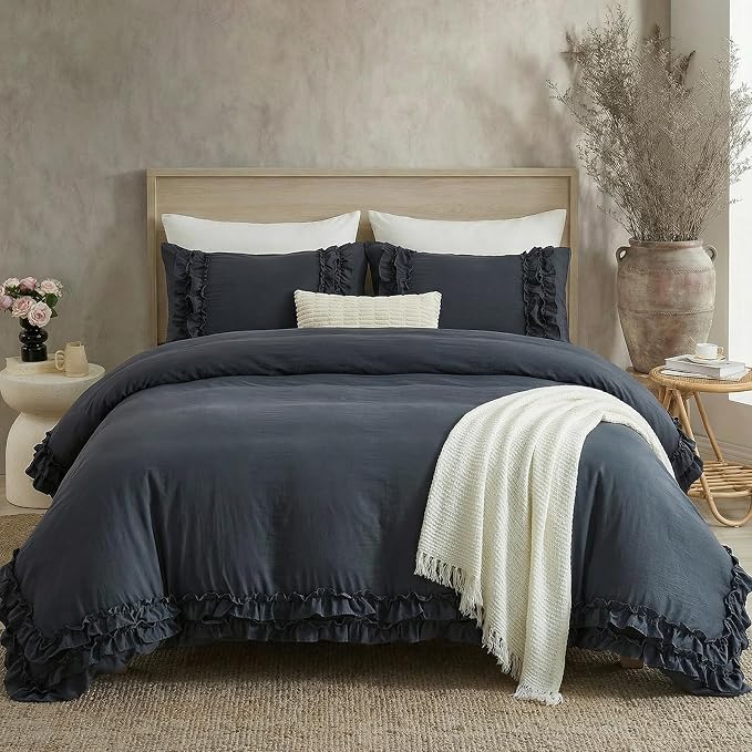Bedorm Navy Ruffle Duvet Cover Vintage King Bedding Set Navy Blue Lace Fringe Ruffled Bedroom Decor Shabby Chic Boho Comforter Cover with Pillowcases