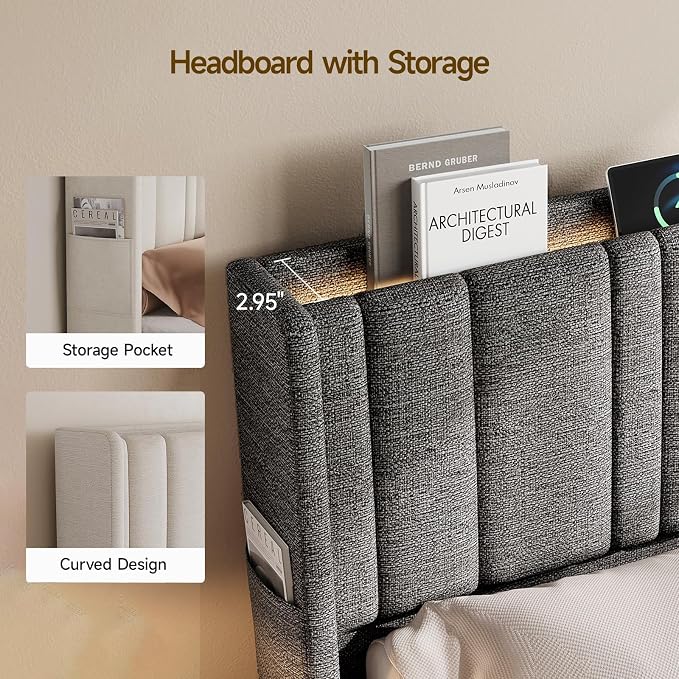 ONBRILL King Size Headboard with Storage, LED Light, Grey | Linen Vertical Wingback Headboard w/ Charging Station, Upholstered Head Board w/ High-Density Foam Padding, 2 Storage Pockets