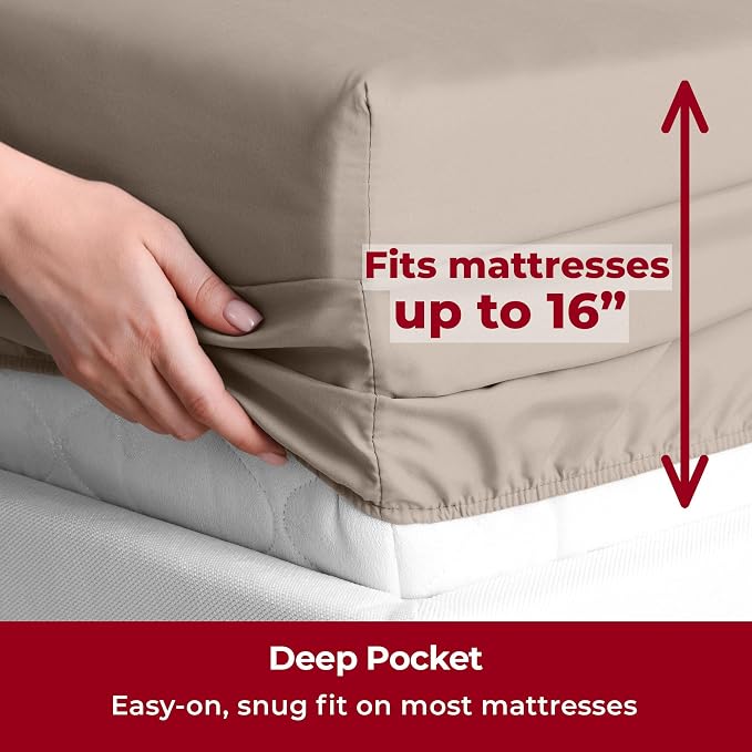 Mellanni Split King Sheets Set - 5 PC Iconic Collection Bedding | Hotel Luxury, Extra Soft, Cooling Bed Sheets - Wrinkle, Fade, Stain Resistant (Split King, Tan)