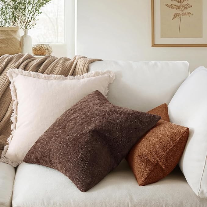 MIULEE 24x24 Inch Euro Textured Chenille Throw Pillow Covers Red Brown | Pack of 2 Decorative Soft Throw Pillows,Solid Textured Cushion Covers,Modern Home Decor for Bed Couch Sofa Bedroom Livingroom