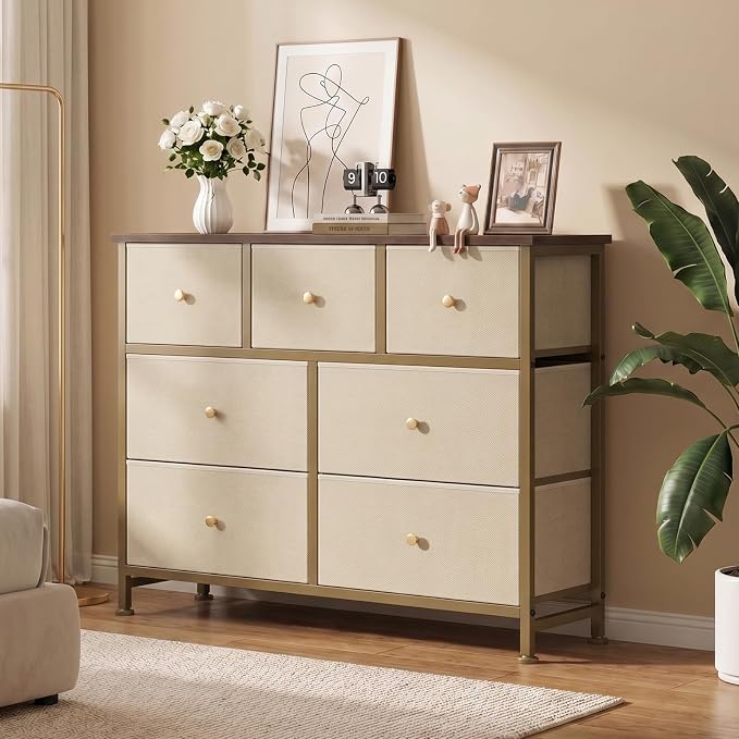 OLIXIS 7 Drawer Fabric Dresser, Storage Tower for Bedroom and Closet | Easy-Pull Bins for Closet Organizers, Chest of Drawers with Steel Frame & Wooden Top for Living Room, Entryway, Khaki