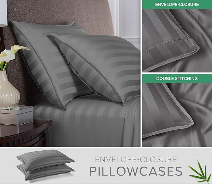 Pure Bamboo Split King Sheets, Genuine 100% Organic Viscose Derived from Bamboo Bed Sheet Set, Soft & Cooling, Double Stitching, 2 Fitted Sheets (Split King, Jacquard Stone)